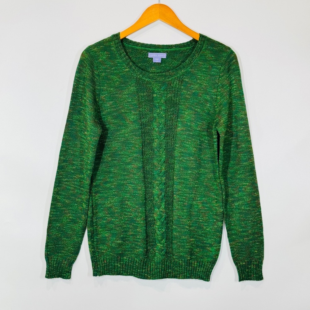 Laura Scott Sweater Womens Medium Green Marled Cable Knit Pullover Casual Cozy
